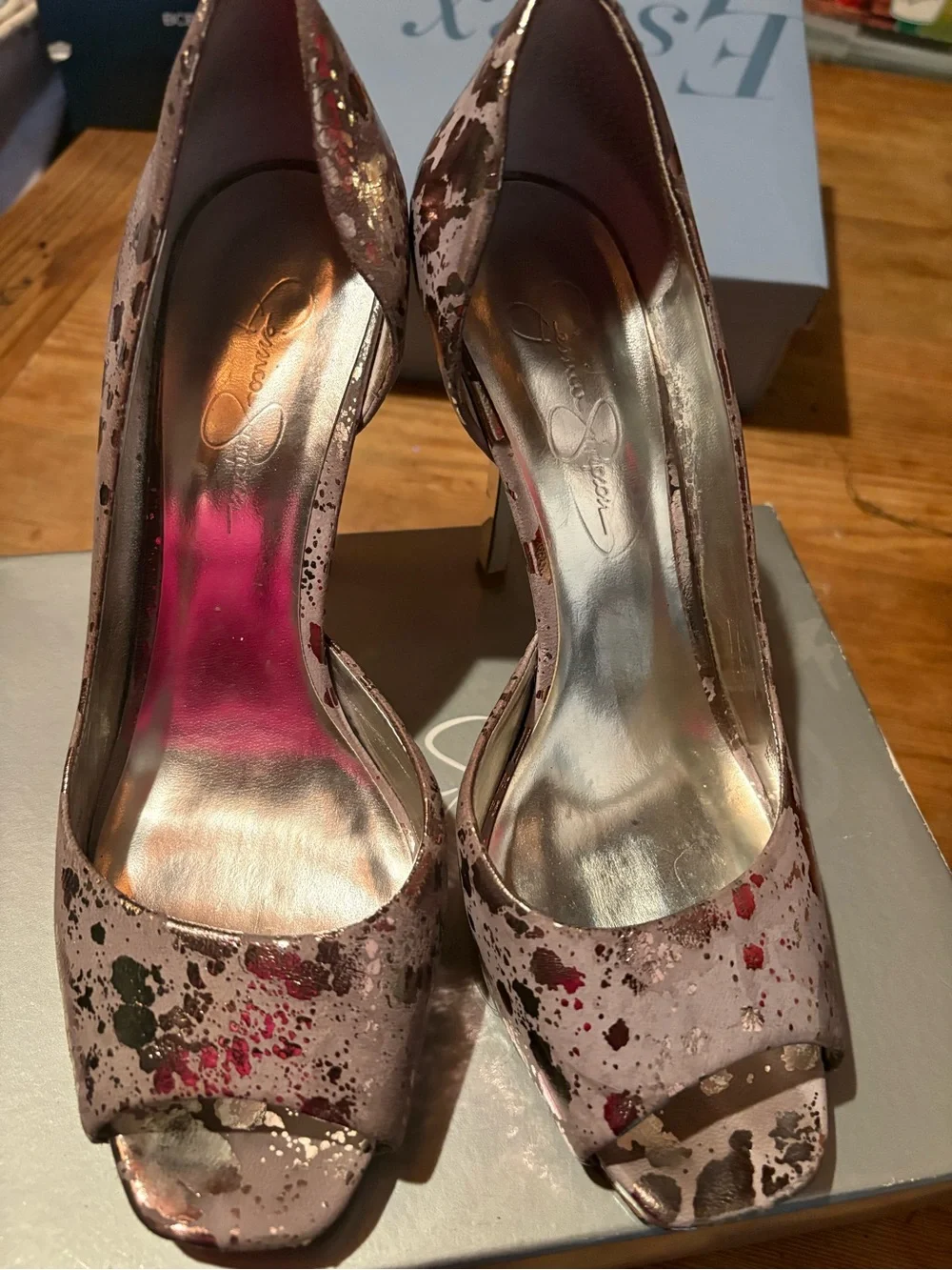 Jessica Simpson Metallic Pink Peep-Toe Heels with Black Splatter